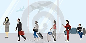 Illustration of people at the airport departures standing in line