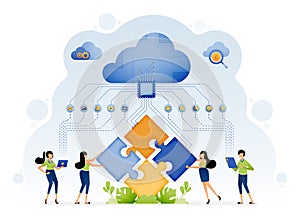 Illustration of people assisted by artificial intelligence solve puzzle problems with machine learning in cloud databases. Design