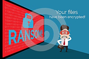 Illustration of people on background data that encrypted by ransom ware