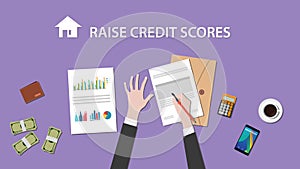 Illustration of people counting raise credit score on a paperwork with money, folder document on top of table