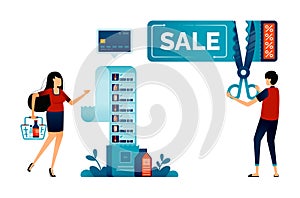 illustration of people get shopping discounts. Cut sale coupons with scissors to get discounts and offers. Monthly grocery