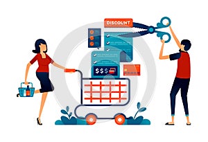 illustration of people grocery monthly. households get discounts and bills are cut with scissors. shopping with trolley. Can be