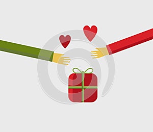 Illustration of people hands sharing a christmas gift with love