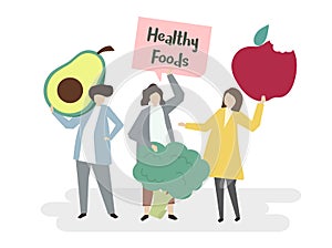 Illustration of people with healthy foods