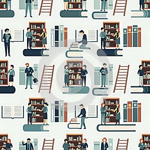 Illustration of People Interacting with Books and Libraries