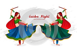 Illustration of people performing garba dance womans playing celebration card background