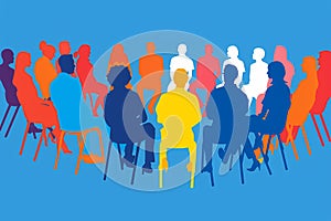 Illustration of people sitting in chairs with silhouettes on a blue background. Ai generated