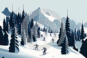 Illustration of people skiing on the mountains and downhill