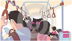 Illustration of people using public transport, bus, train, metro, subway