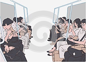 Illustration of people using public transport, train, subway, metro