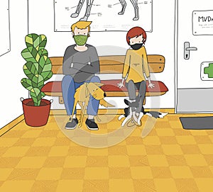 Illustration of people waiting in veterinary waiting room with dogs. People wear cloth face mask as a prevention against