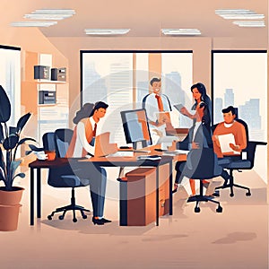 Illustration of People working in the office with a computer