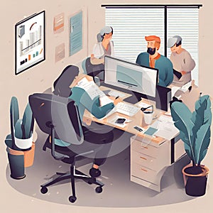 Illustration of People working in the office with a computer