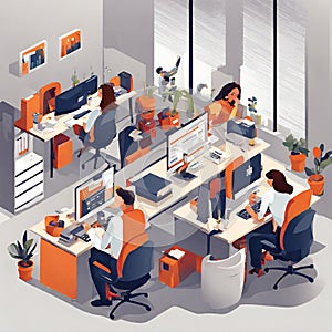 Illustration of People working in the office with a computer