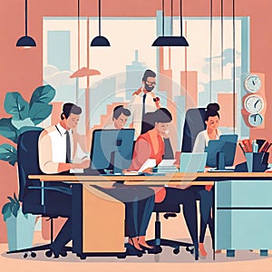 Illustration of People working in the office with a computer