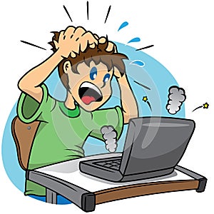 Illustration of a person desperate student with a damaged laptop