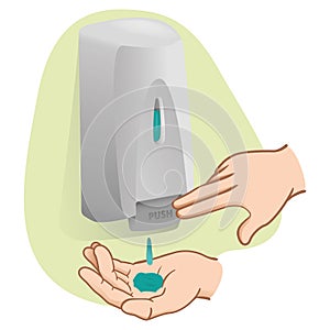 Illustration of a person doing hand hygiene with cleaning product, caucasian