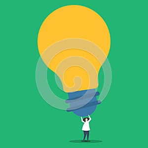 Illustration of Person Holding Above his Head Big Yellow Bulb. Human Standing and Raising Arms Upward with Huge