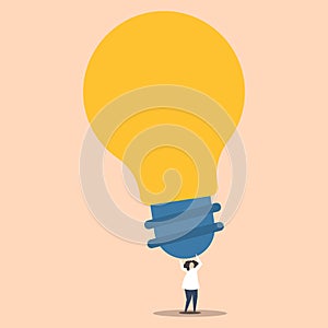 Illustration of Person Holding Above his Head Big Yellow Bulb. Human Standing and Raising Arms Upward with Huge