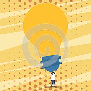 Illustration of Person Holding Above his Head Big Yellow Bulb. Human Standing and Raising Arms Upward with Huge