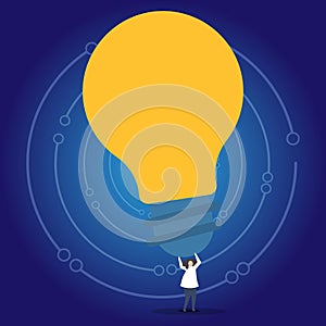 Illustration of Person Holding Above his Head Big Yellow Bulb. Human Standing and Raising Arms Upward with Huge