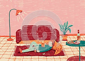 Illustration of a person lying on the floor and relaxing in his living room.