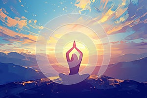 Illustration of a person practicing yoga at mountain sunrise