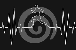 Illustration of a person running on a cardiogram on a heart monitor on a black background. Sports lifestyle concept