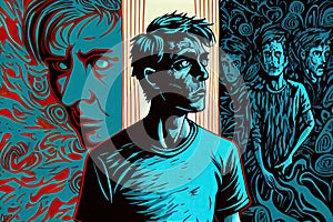 illustration of person with schizophrenia, hallucinating and seeing different realities