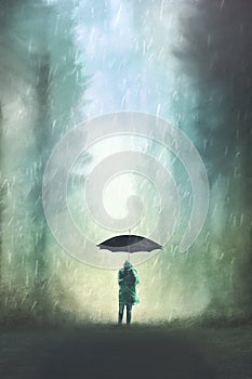 Illustration of person with umbrella in the middle of the forest in the rain