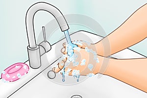 Illustration of a person washing their hands with soap until foaming, being hygienic, coronavirus, covid-19