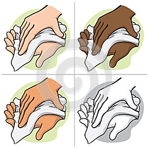 Illustration of a person wiping and wiping his hands with a paper towel or napkin, ethnic