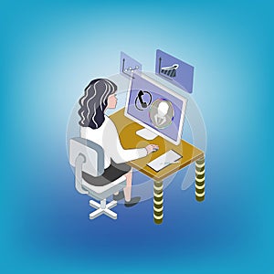 Illustration of person working at a computer. Icons of a woman, monitor, desk, with and image of software interface. Symbol of mak