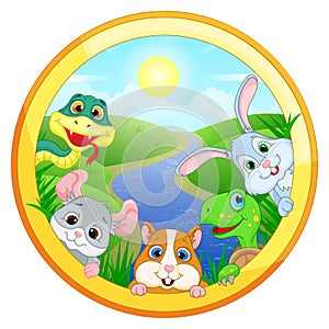 Illustration with Pets on the background of Sunny landscape, snake, chinchilla, hamster, turtle and rabbit on the background of g