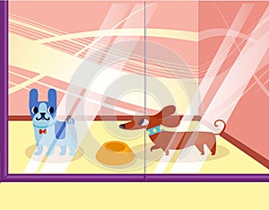 Illustration of a petshop with dogs. Lovely cartoon animals in the showcase. illustration