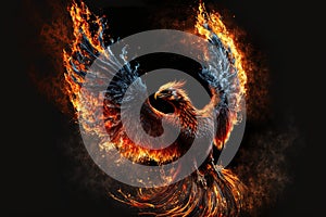Illustration of a phoenix in fire. Symbol of rebirth. Fenix with burning wings and feathers. Generative AI photo