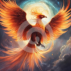 Illustration of a Phoenix, the mythical bird, rising from the flames and taking flight to a plane
