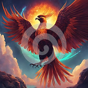 Illustration of a Phoenix, the mythical bird, rising from the flames and taking flight to a plane