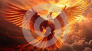 Illustration of a phoenix soaring against a backdrop of a dramatic sunset sky behind the mythical creature