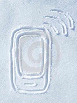 Illustration, phone call and snow drawing with emergency and network on ground showing sos or signal. Communication