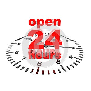 Illustration of the phrase  Open 24 Hours on a clock on a white background