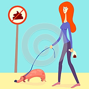 Illustration about picking up your dog`s poop. Red haired girl picked up a dog`s shit and put it into a doggie bag. vector