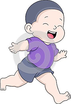 illustration of a picture of a kid\'s activity, a bald kid is running around with a happy face while on holiday