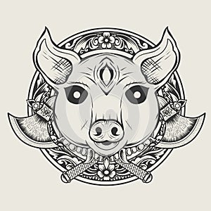 Illustration pig devil head monochrome style