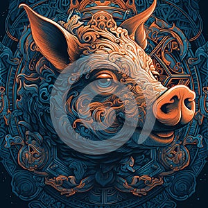 Illustration of a pig on an orange background with an ornate pattern in impressionism and fantasy. AI generated
