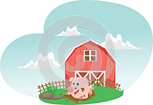 Illustration of pig play in a mud puddle. Farm life