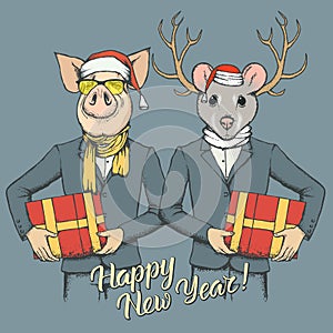 Illustration of Pig and Rat on New Year