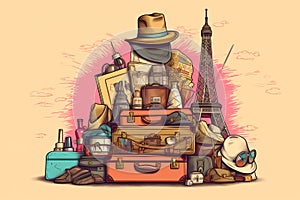 Illustration of pile of baggage and tourist stuff and places