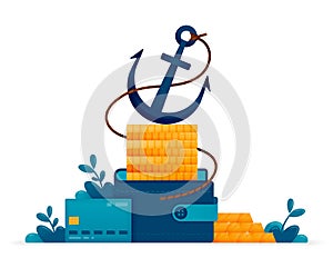 Illustration of pile of coins in a wallet weighed down by anchor a metaphor for saving and hoarding wealth. Can be used for