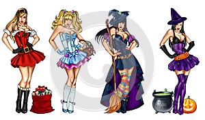 Illustration of pin ups dressed up for festivity - Christmas, Epiphany, Easter, Halloween